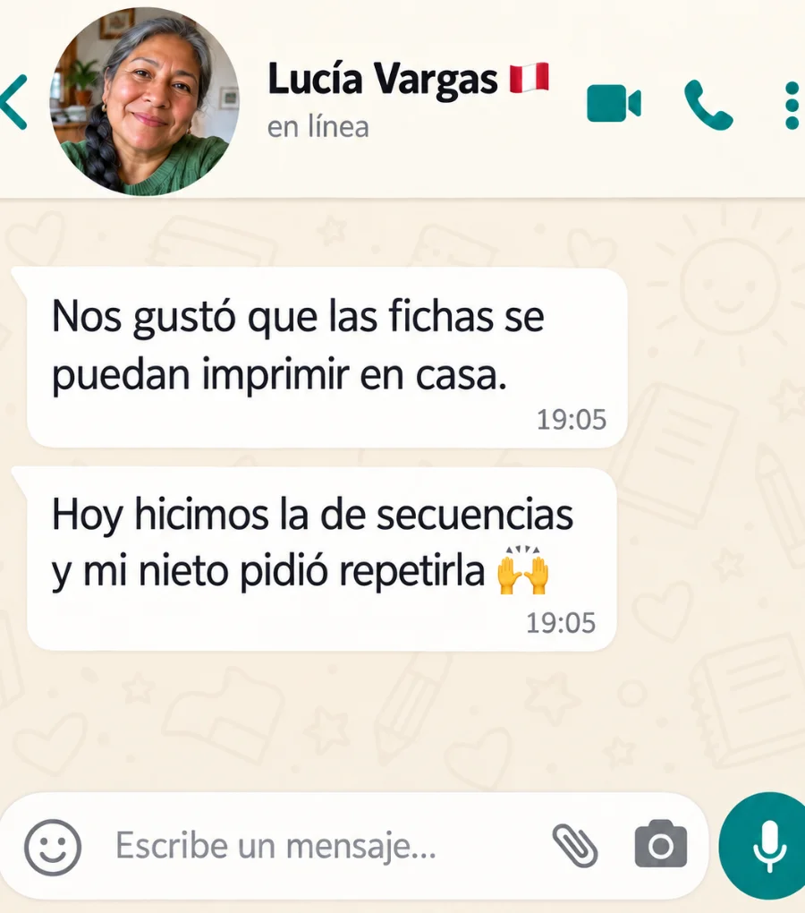 Testimonio de Lucía Vargas: las fichas se pueden imprimir en casa y su nieto pidió repetir la de secuencias