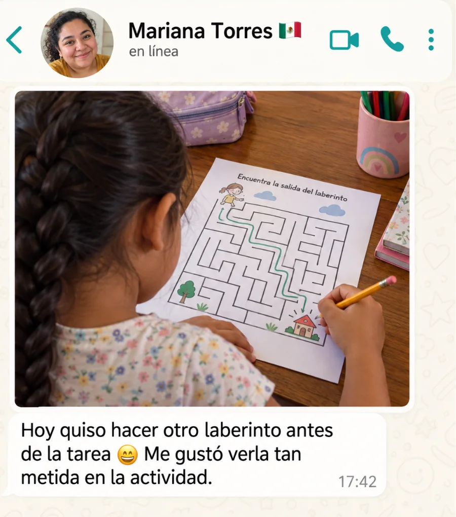 Testimonio de Mariana Torres: su hija hizo otro laberinto antes de la tarea, muy metida en la actividad