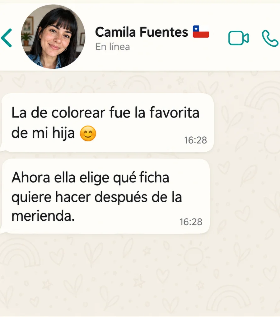 Testimonio de Camila Fuentes: la ficha de colorear fue la favorita de su hija y ahora elige qué ficha hacer